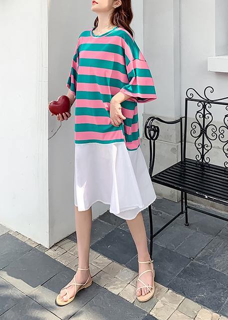 Loose Red Green Striped Dresses O Neck Ruffles Cotton Summer Dress