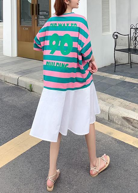 Loose Red Green Striped Dresses O Neck Ruffles Cotton Summer Dress