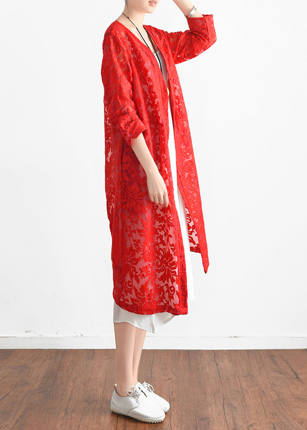 Loose Red Lace Outwear Tunic Tops V Neck Shift Summer Hollow Out Cardigan