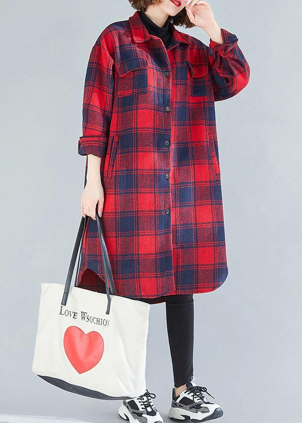 Loose Red Plaid Cotton Top Silhouette Lapel Pockets Dresses Blouses