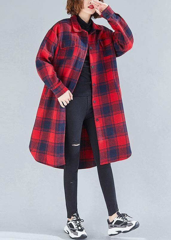Loose Red Plaid Cotton Top Silhouette Lapel Pockets Dresses Blouses