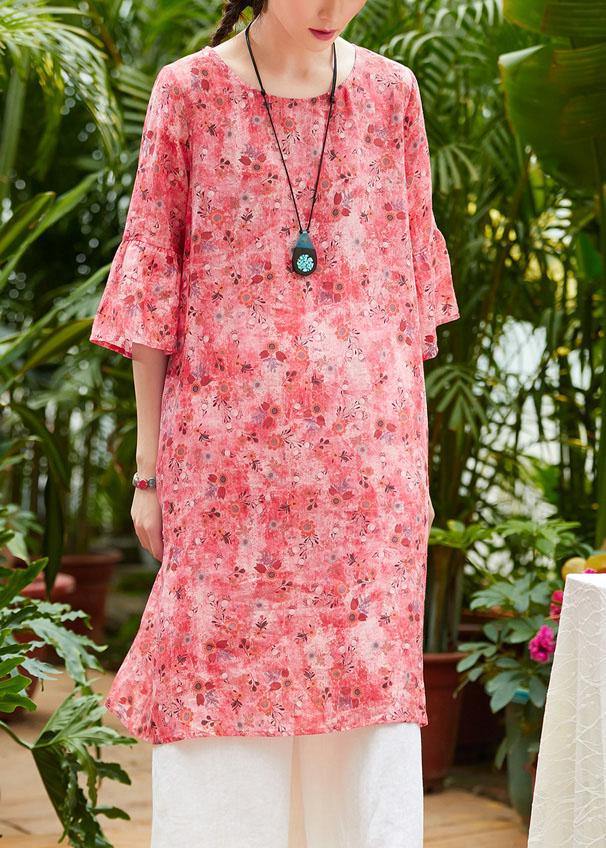 Loose Red Print Linen Clothes for O Neck Half Sleeve Patchwork Loose Summer Dresses