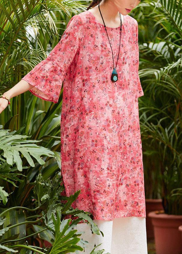 Loose Red Print Linen Clothes for O Neck Half Sleeve Patchwork Loose Summer Dresses