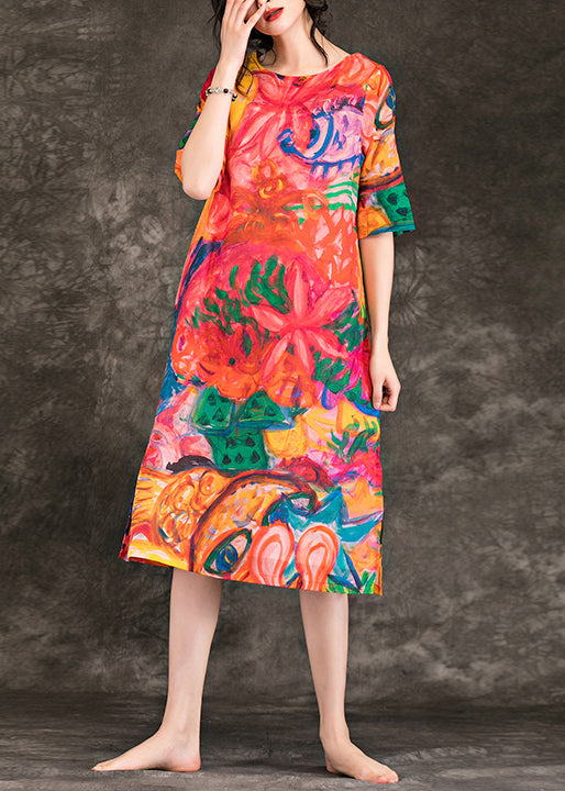 Loose Red Print Linen Dresses Fitted Design O Neck Half Sleeve Summer Dress