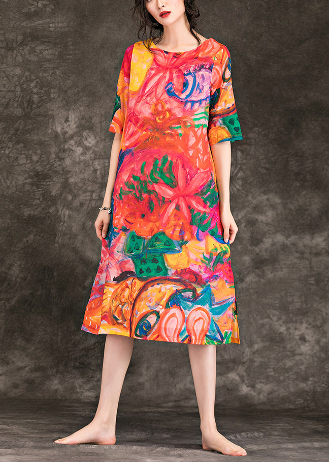 Loose Red Print Linen Dresses Fitted Design O Neck Half Sleeve Summer Dress