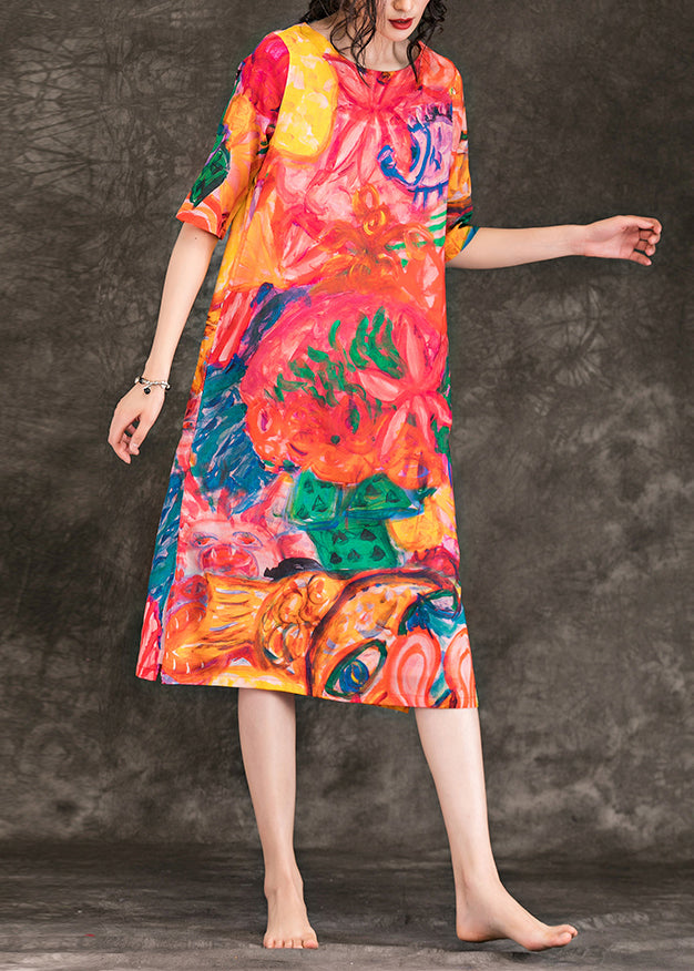 Loose Red Print Linen Dresses Fitted Design O Neck Half Sleeve Summer Dress