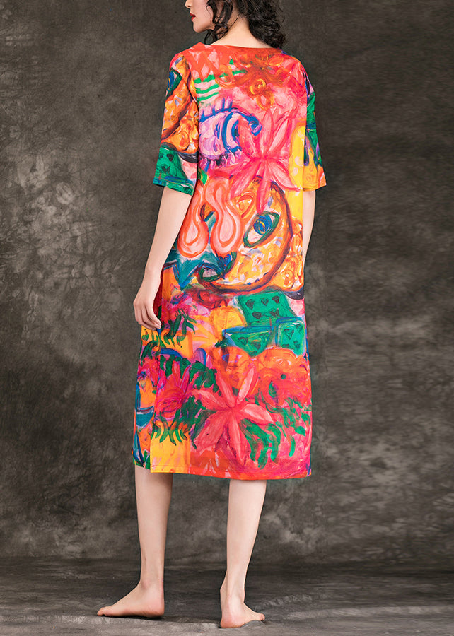 Loose Red Print Linen Dresses Fitted Design O Neck Half Sleeve Summer Dress