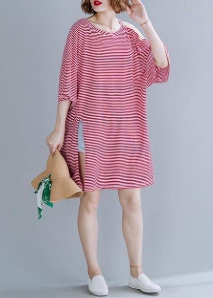 Loose Red Striped Cotton Tunic Top O Neck Side Open Shift Dresses
