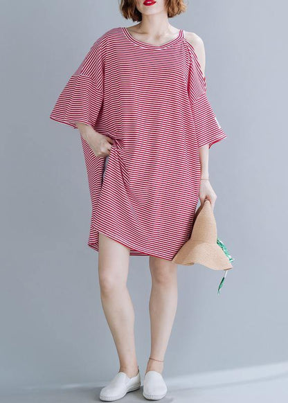 Loose Red Striped Cotton Tunic Top O Neck Side Open Shift Dresses