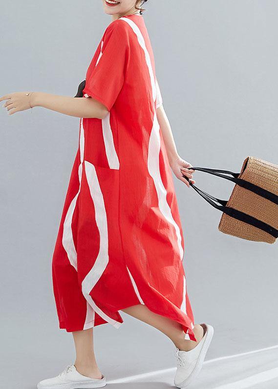 Loose Red Striped Cotton Tunics O Neck Asymmetric Traveling Summer Dress