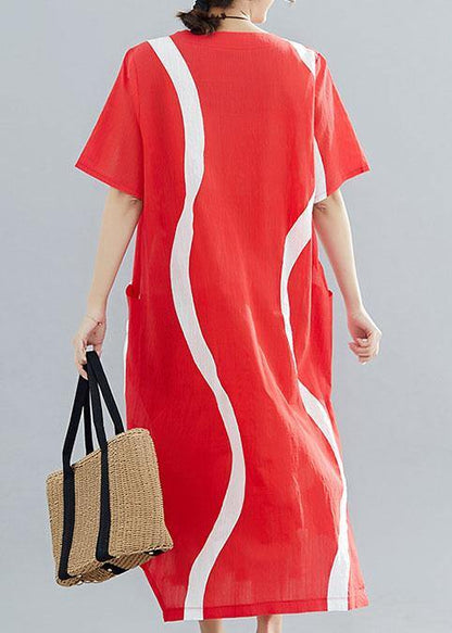 Loose Red Striped Cotton Tunics O Neck Asymmetric Traveling Summer Dress