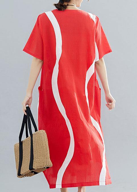 Loose Red Striped Cotton Tunics O Neck Asymmetric Traveling Summer Dress