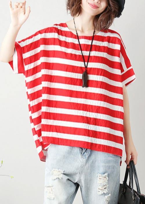 Loose Red Striped Cotton Clothes for O Neck Batwing Sleeve Silhouette Blouses