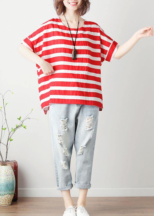 Loose Red Striped Cotton Clothes for O Neck Batwing Sleeve Silhouette Blouses