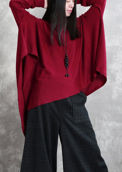 Loose Red Tops Asymmetric Hem Oversized High Neck Blouse