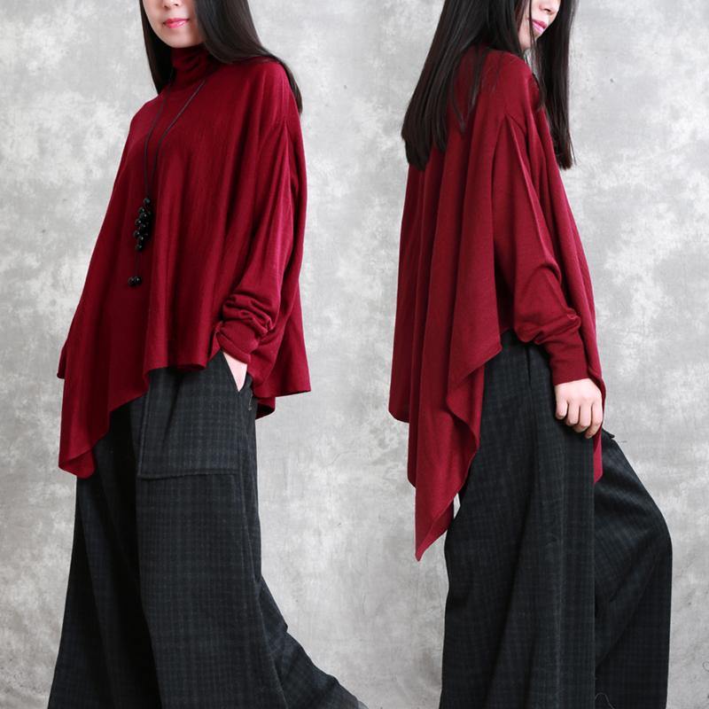 Loose Red Tops Asymmetric Hem Oversized High Neck Blouse