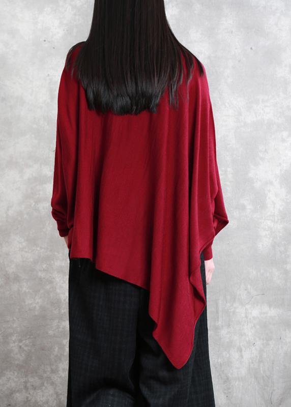 Loose Red Tops Asymmetric Hem Oversized High Neck Blouse