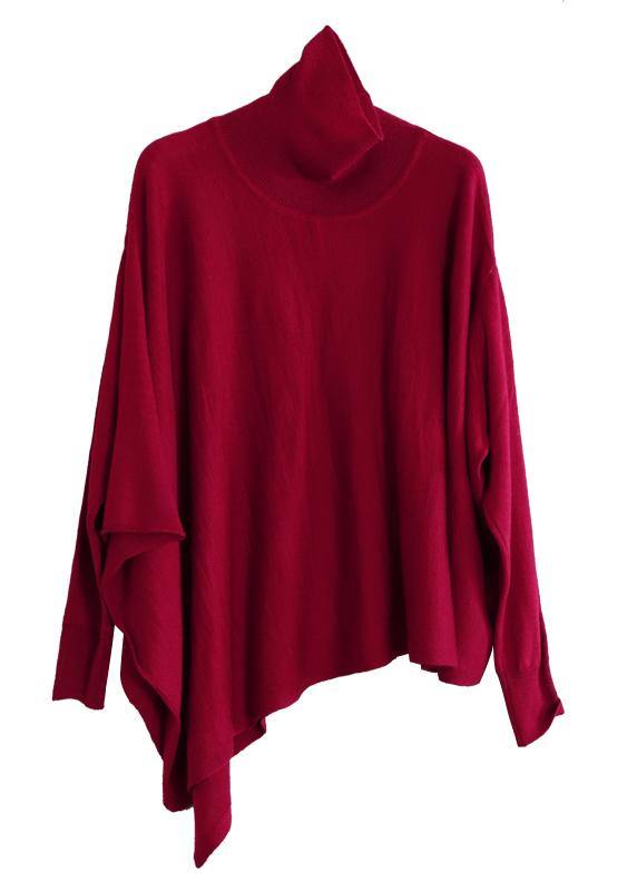 Loose Red Tops Asymmetric Hem Oversized High Neck Blouse