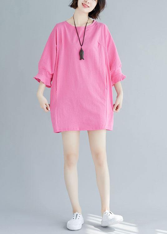 Loose Rose Cotton Long Shirts Flare Sleeve Midi Summer Dresses