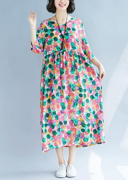 Loose Rose Dotted Prints Cotton Linen Wardrobes Short Sleeve Kaftan Summer Dress