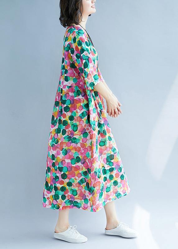 Loose Rose Dotted Prints Cotton Linen Wardrobes Short Sleeve Kaftan Summer Dress
