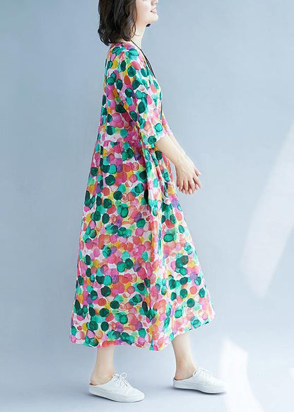 Loose Rose Dotted Prints Cotton Linen Wardrobes Short Sleeve Kaftan Summer Dress