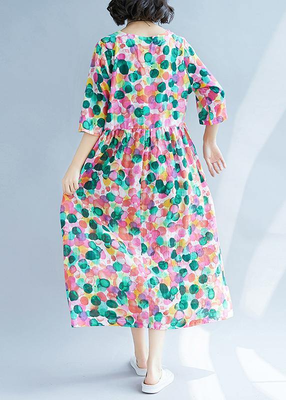 Loose Rose Dotted Prints Cotton Linen Wardrobes Short Sleeve Kaftan Summer Dress