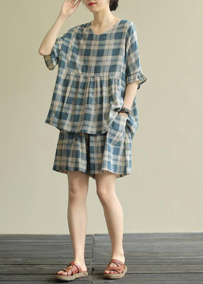 Loose Round Neck Stitching Top Elasticated Shorts Blue Plaid Two-piece Suit