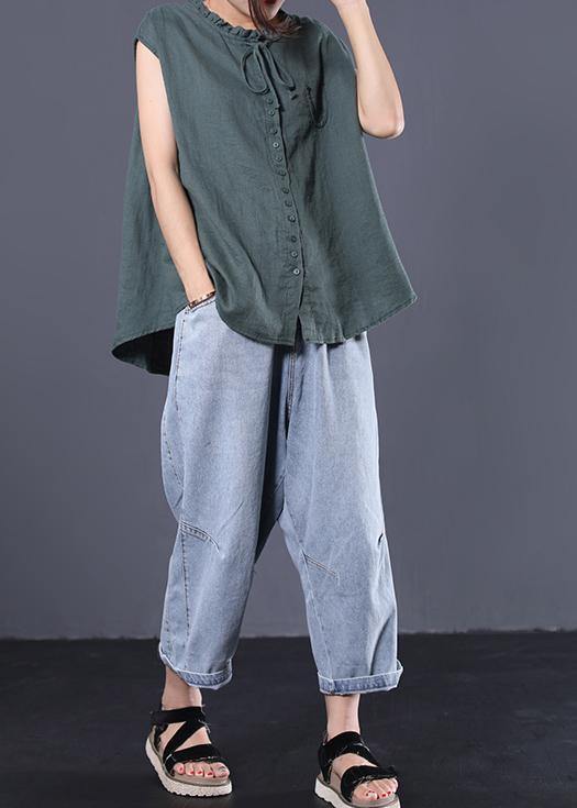 Loose Ruffles Collar Linen Tunic Top Sleeve Greem Sleeveless Top Summer