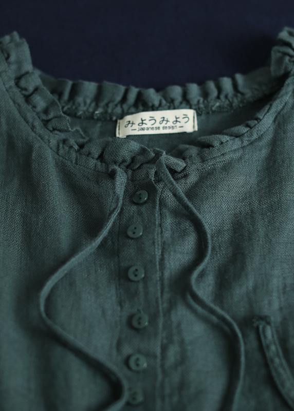 Loose Ruffles Collar Linen Tunic Top Sleeve Greem Sleeveless Top Summer