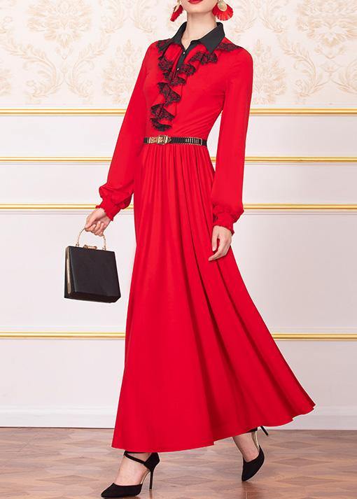 Loose Ruffles Cotton Polo Collar Dresses Wardrobes Red Robe Dress