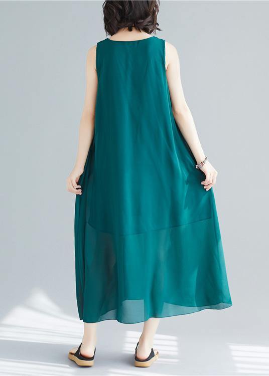 Loose Sleeveless Cotton Outfit Pattern Blackish Green Long Dress Summer