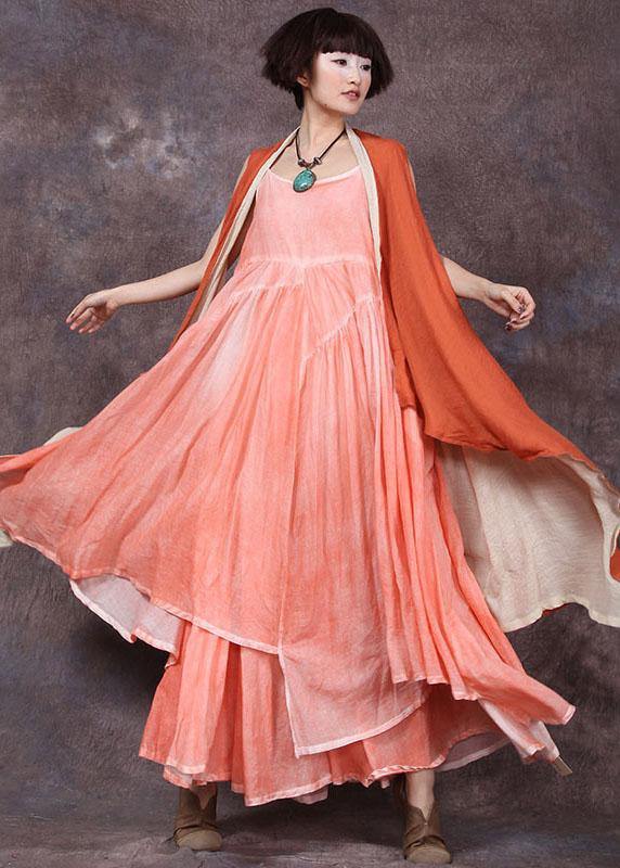 Loose Sleeveless Linen Clothes for Tunic Tops Orange Tie Waist Cardigan Summer