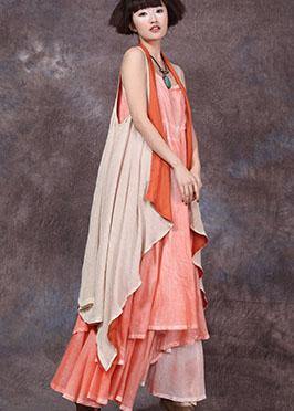 Loose Sleeveless Linen Clothes for Tunic Tops Orange Tie Waist Cardigan Summer