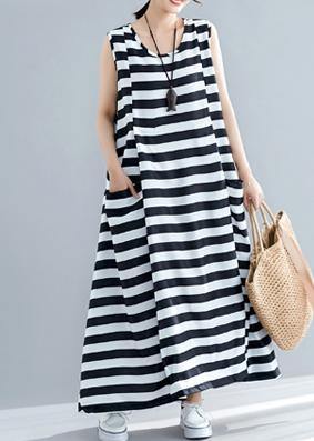 Loose Sleeveless O Neck Black Striped Cotton Robes Dress Summer