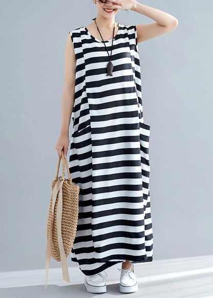 Loose Sleeveless O Neck Black Striped Cotton Robes Dress Summer