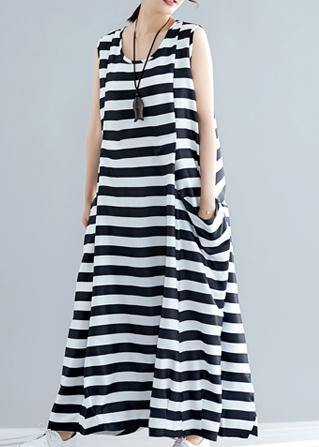 Loose Sleeveless O Neck Black Striped Cotton Robes Dress Summer