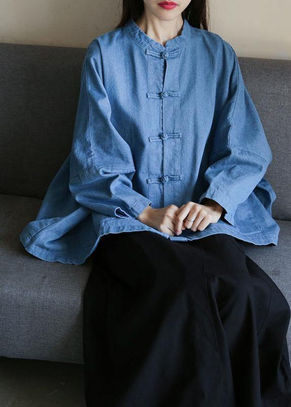 Loose stand collar Chinese Button clothes For Women Sleeve denim light blue-little flower shirts