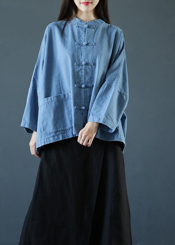 Loose stand collar Chinese Button clothes For Women Sleeve denim light blue-chrysanthemum shirts