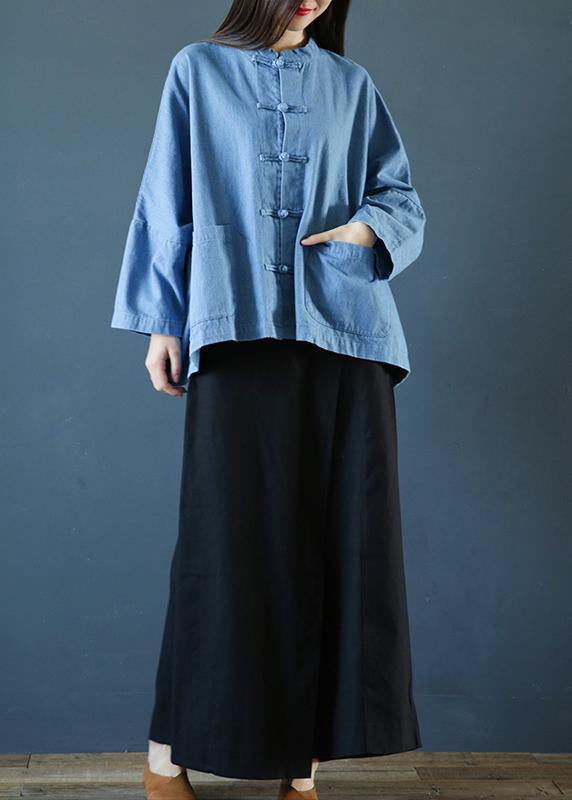 Loose stand collar Chinese Button clothes For Women Sleeve denim light blue-chrysanthemum shirts