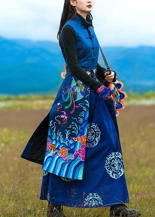 Loose Stand Collar Embroidery Long Coats Navy Oversized Coat
