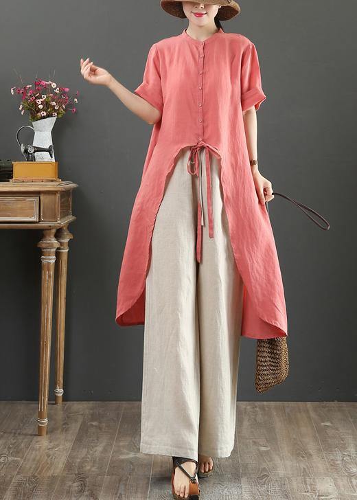 Loose Stand Collar Asymmetric Linen Shirts Tutorials Red Tops