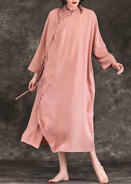 Loose Stand Collar Long Sleeve Cotton Quilting Clothes Photography Pink Loose Dresses Spring