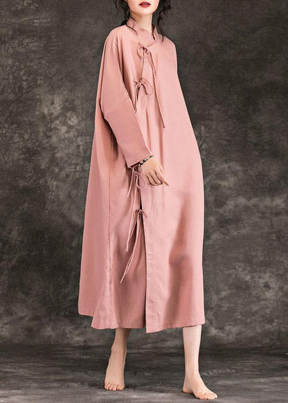 Loose Stand Collar Long Sleeve Cotton Quilting Clothes Photography Pink Loose Dresses Spring