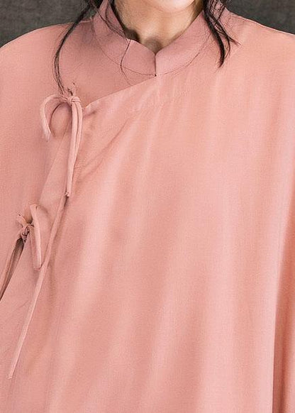 Loose Stand Collar Long Sleeve Cotton Quilting Clothes Photography Pink Loose Dresses Spring