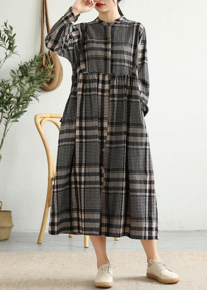 Loose Stand Collar Cinched Linen Tunics Shape Black Plaid Dresses