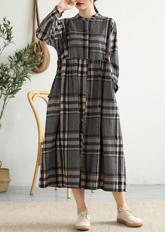 Loose Stand Collar Cinched Linen Tunics Shape Black Plaid Dresses