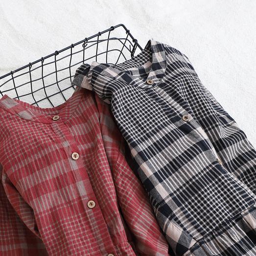 Loose Stand Collar Cinched Linen Tunics Shape Black Plaid Dresses
