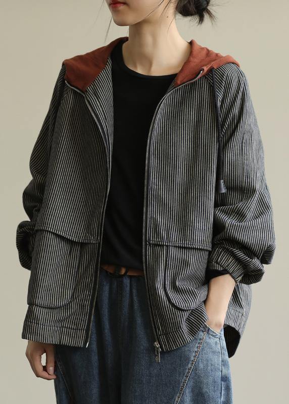 Loose Striped Fine Trench Coat Photography Hooded Patchwork Coats