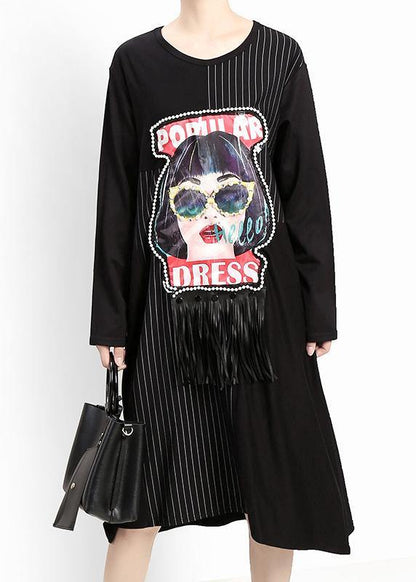 Loose Tassel Cotton Patchwork Quilting Clothes Pattern Black Prints a Line Dresses